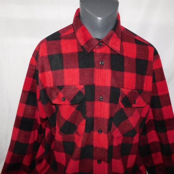 Wrangler Mens XL Red Black Buffalo Plaid Fleece Button Up Long Sleeve Shirt - Picture 2 of 8
